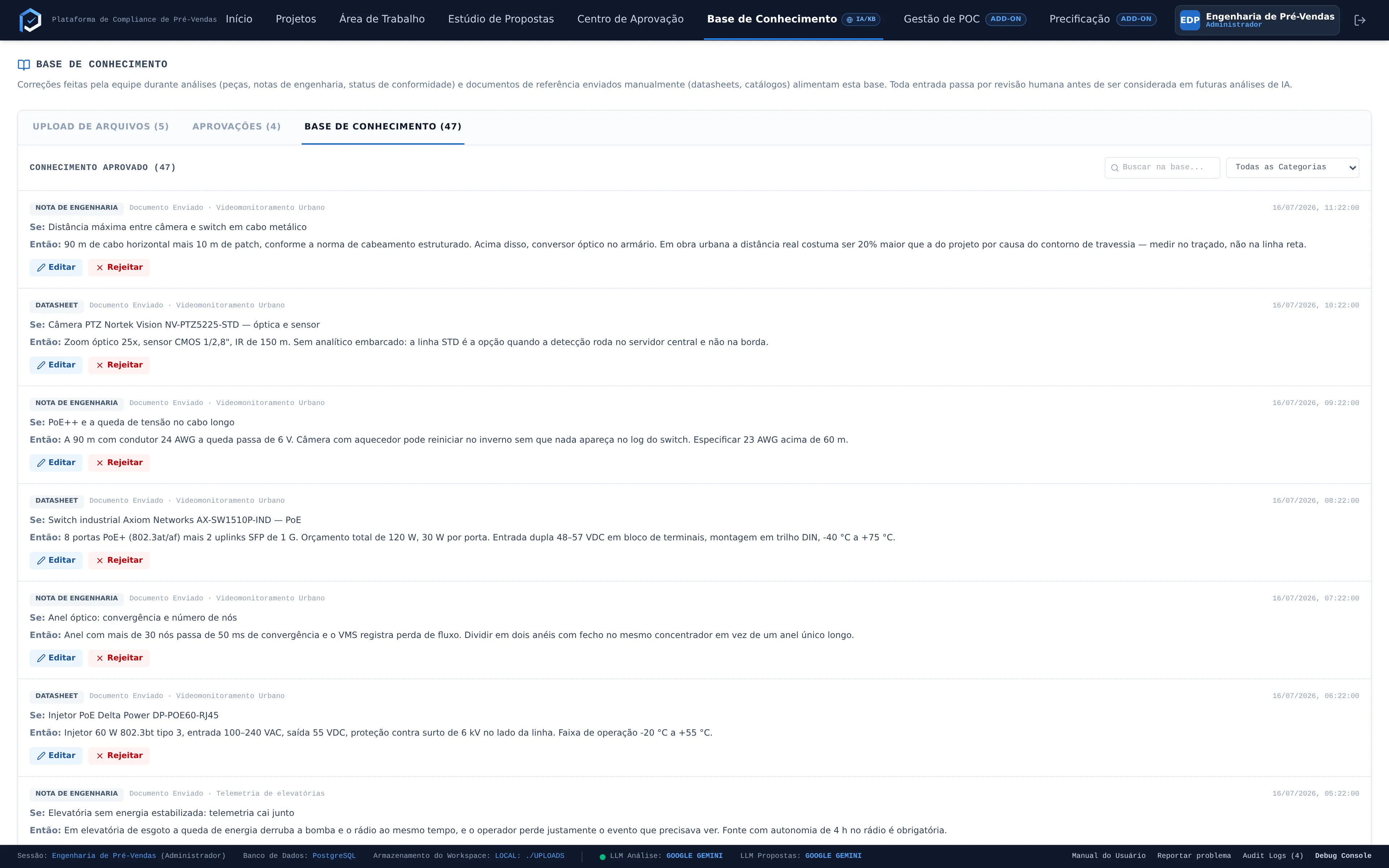 Base de conhecimento do PreSales com os registros aprovados pela equipe